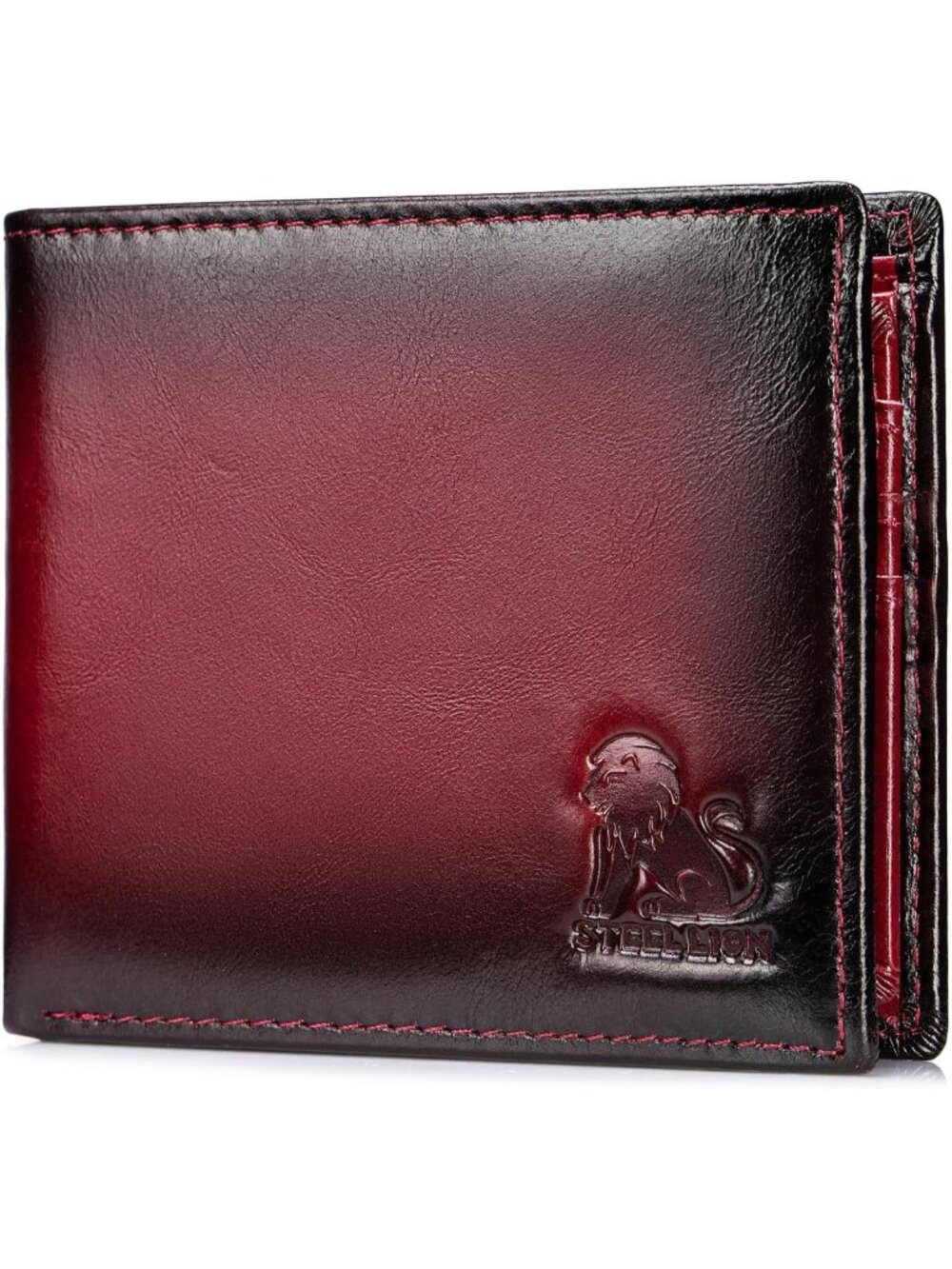 Slim Bifold Cowhide Leather Wallet with RFID, 10 Card Slots, Zipper Pocket, Red